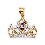 Red & White CZ Tiara Quinceañera Pendant in 14K Two-Tone Gold