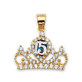 Blue & White CZ Tiara Quinceañera Pendant in 14K Two-Tone Gold