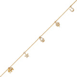 Adjustable 9"-10" White CZ Charm Anklet in 14K Gold