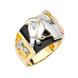 White CZ and Onyx Horse Mens Ring in 14K Tri-Color Gold
