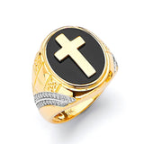 White CZ and Onyx Cross Mens Ring in 14K Two-Tone Gold