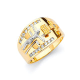 White CZ Crucifix Mens Ring in 14K Two-Tone Gold