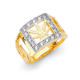 White CZ Marijuana Mens Ring in 14K Two-Tone Gold