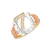 White CZ Symbols Ladies Ring in 14K Tri-Color Gold