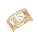 White CZ Symbols Ladies Ring in 14K Tri-Color Gold