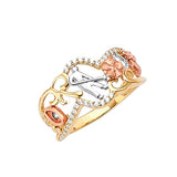 White CZ Symbols Ladies Ring in 14K Tri-Color Gold