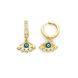 Blue Enamel & White CZ Eye Drop Huggie Earrings in 14K Gold