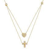 Adjustable 17"-18" White CZ Cross & Heart Charm Necklace in 14K Gold