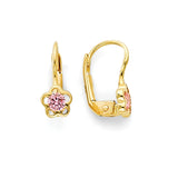 Pink CZ Flower Huggie Earrings in 14K Gold