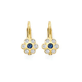 Blue & White CZ Flower Huggie Earrings In 14K Gold