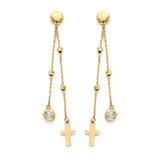White CZ Cross Tassle Earrings in 14K Gold