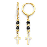 Black Onyx & White CZ Cross Tassel Earrings in 14K Gold