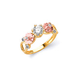 White CZ Flower Ladies Ring in 14K Tri-Color Gold