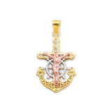 White CZ Anchor Jesucristo Pendant in 14K Tri-Color Gold