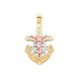 White CZ Anchor Jesucristo Pendant in 14K Tri-Color Gold