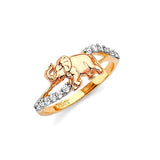 White CZ Elephant Ladies Ring in 14K Tri-Color Gold