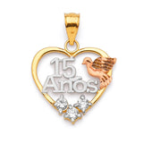White CZ Dove Quinceañera Pendant in 14K Tri-Color Gold