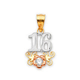 White CZ Flower Sweet 16 Pendant in 14K Tri-Color Gold