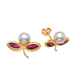 Flower Stud Earrings with Red CZ and Pearl in 14K Gold and Butterfly Backing