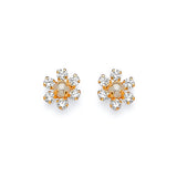 Flower Stud Earrings with White CZ and Pearl in 14K Gold and Butterfly Backing