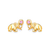 Elephant Stud Earrings with Pink CZ in 14K Gold and Butterfly Backing