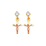 Crucifix Dangling Earrings with White CZ in 14K Two-Tone Gold and Screw Backing