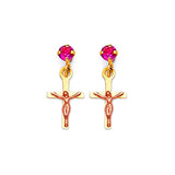 Crucifix Dangling Earrings with Red CZ in 14K Two-Tone Gold and Screw Backing
