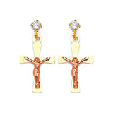 Crucifix Dangling Earrings with White CZ in 14K Two-Tone Gold and Butterfly Backing