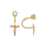 Cross Telephone Stud Earrings with White CZ in 14K Two-Tone Gold and Screw Backing