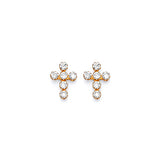 Cross Stud Earrings with White CZ in 14K Gold and Screw Backing