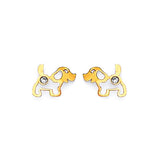 Dog Stud Earrings with White CZ in 14K Gold and Butterfly Backing