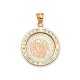 Dije de la Virgen María para Dama en Oro Bicolor de 14K con Circonia Cúbica Blanca