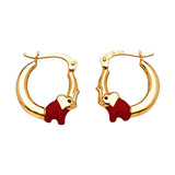 Elephant Scallop Hoop Earrings with Red Enamel in 14K Gold