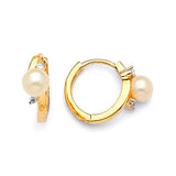 Huggie Earrings with White CZ and Pearl in 14K Gold