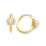 Huggie Earrings with White CZ and Pearl in 14K Gold