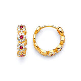 Flower Huggie Earrings with Red & White CZ in 14K Gold