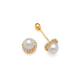 Stud Earrings with White CZ and Pearl in 14K Gold and Screw Backing