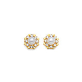 Flower Stud Earrings with White CZ and Pearl in 14K Gold and Butterfly Backing