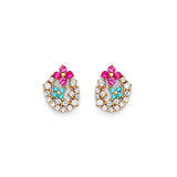 Flower Stud Earrings with Red & Blue CZ in 14K Gold and Butterfly Backing