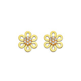 Flower Stud Earrings with White CZ in 14K Two-Tone Gold and Screw Backing