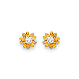 Flower Stud Earrings with White CZ in 14K Gold and Screw Backing
