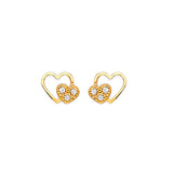 Heart Stud Earrings with White CZ in 14K Gold and Screw Backing