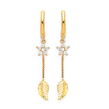 Leaf Drop Earrings with White CZ in 14K Gold