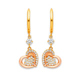 Heart Drop Earrings with White CZ in 14K Two-Tone Gold