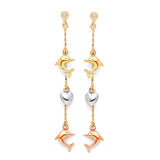 Dolphin Dangling Earrings with White CZ in 14K Tri-Color Gold