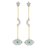 Eye Dangling Earrings with White CZ and Enamel in 14K Two-Tone Gold and Butterfly Backing