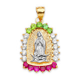 Green, White & Red CZ Guadalupe Ladies Pendant in 14K Two-Tone Gold