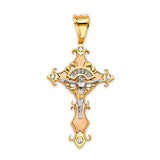 White CZ Crucifix Pendant in 14K Tri-Color Gold