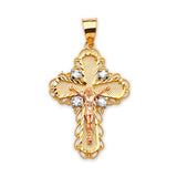 White CZ Crucifix Pendant in 14K Tri-Color Gold