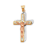 White CZ Crucifix Pendant in 14K Tri-Color Gold